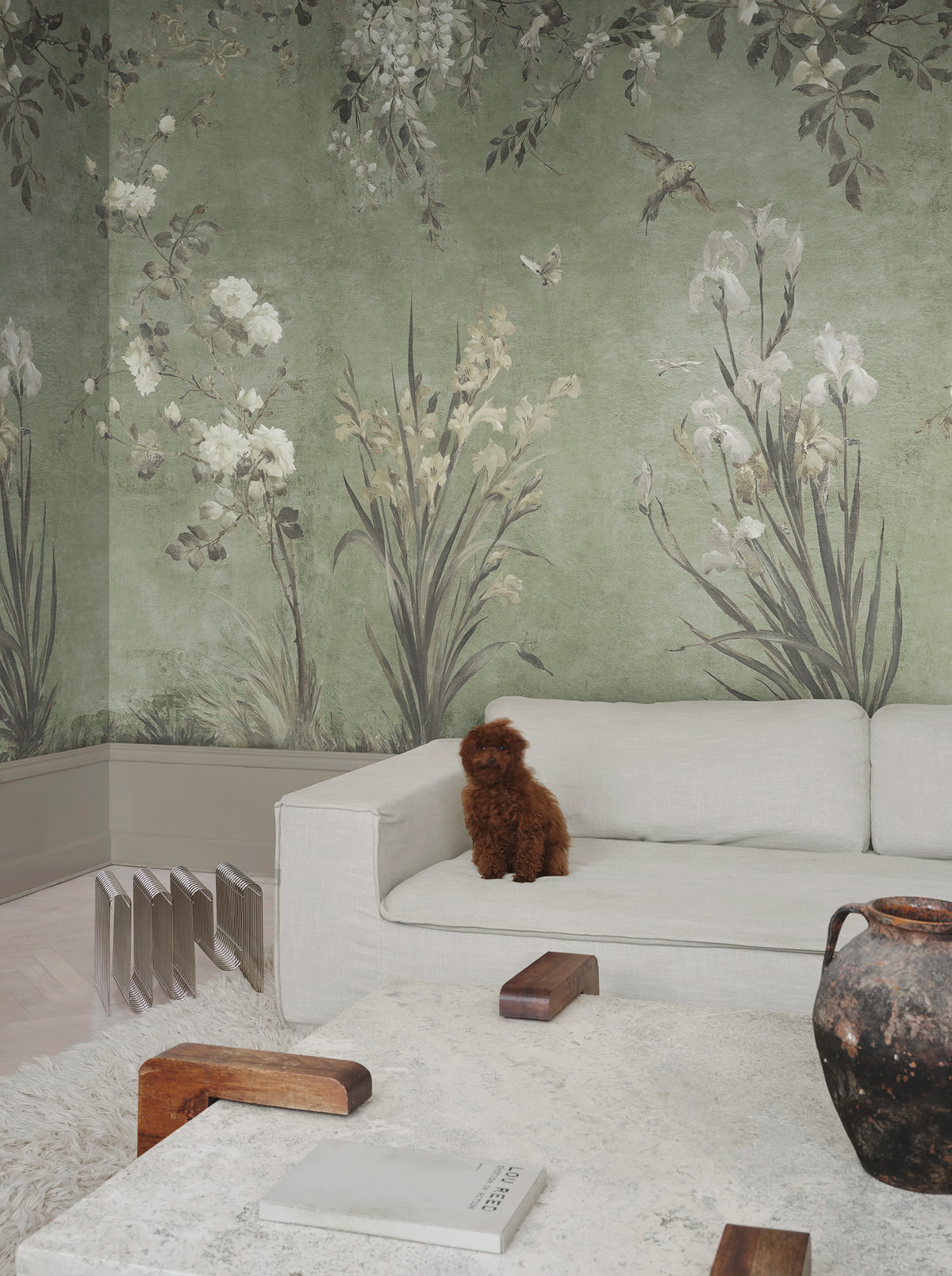 Nicola wall mural by Sandberg – floral design, Sage Green – styled in a room setting, view 5