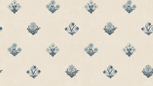Amy wallpaper by Sandberg, small block-print floral sprig motifs in indigo blue on a cream linen ground, flat swatch