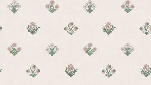 Amy wallpaper by Sandberg in green and soft pink, small block-print floral sprig motifs on cream, flat swatch
