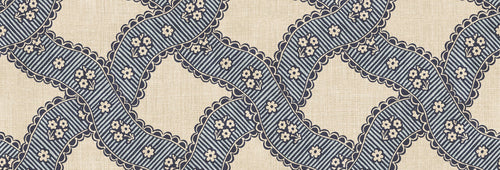Annie wallpaper by Sandberg, flat swatch of scalloped ribbon trellis with tiny daisies in navy blue on a natural linen ground