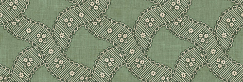 Annie wallpaper by Sandberg, flat swatch of scalloped ribbon trellis with small daisies in soft green on a linen background