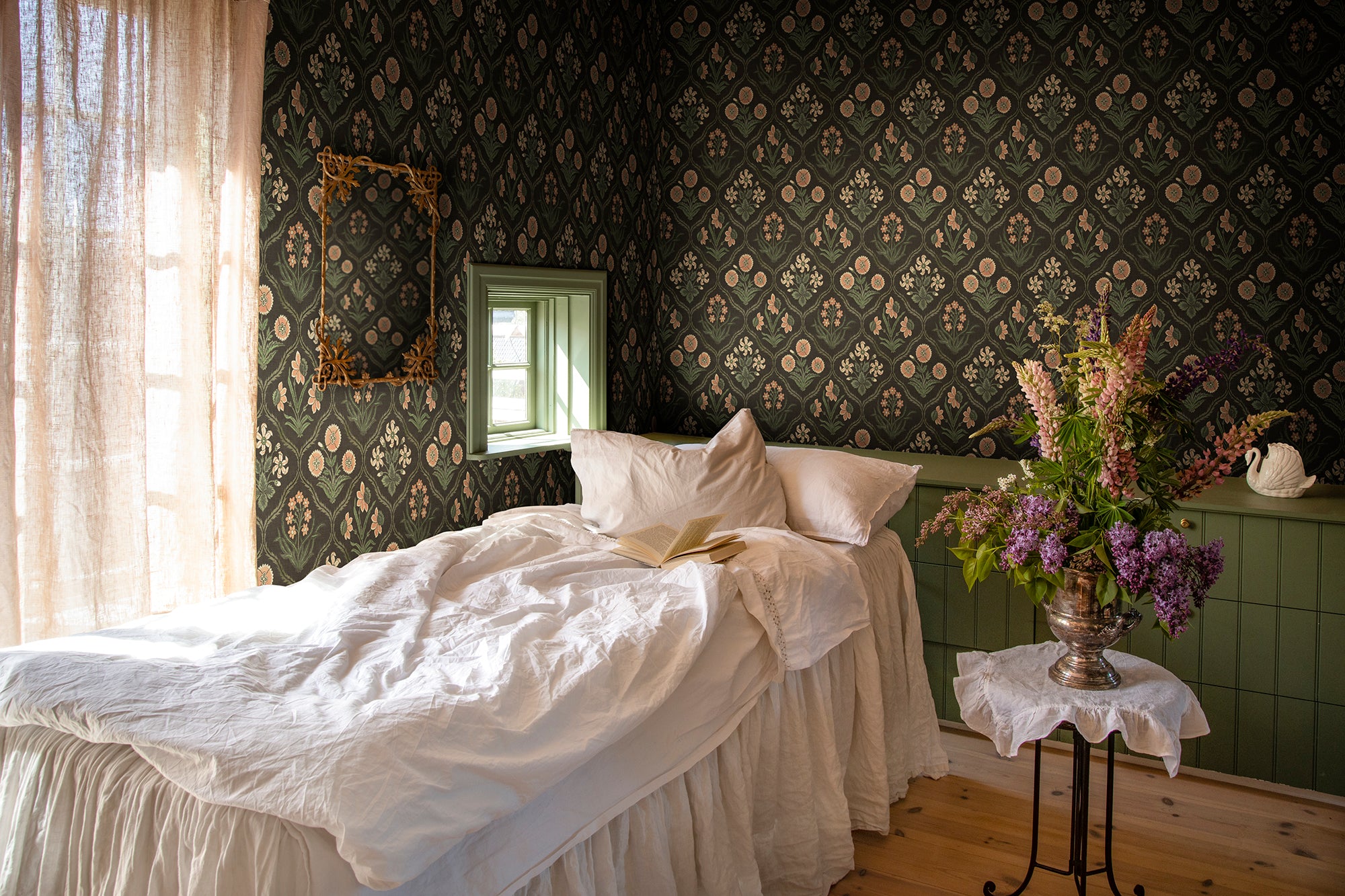 Rosa wallpaper by Sandberg in Charcoal, styled on an interior wall