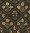 Rosa wallpaper by Sandberg, flat swatch of floral trellis with terracotta and green blooms on a near-black ground