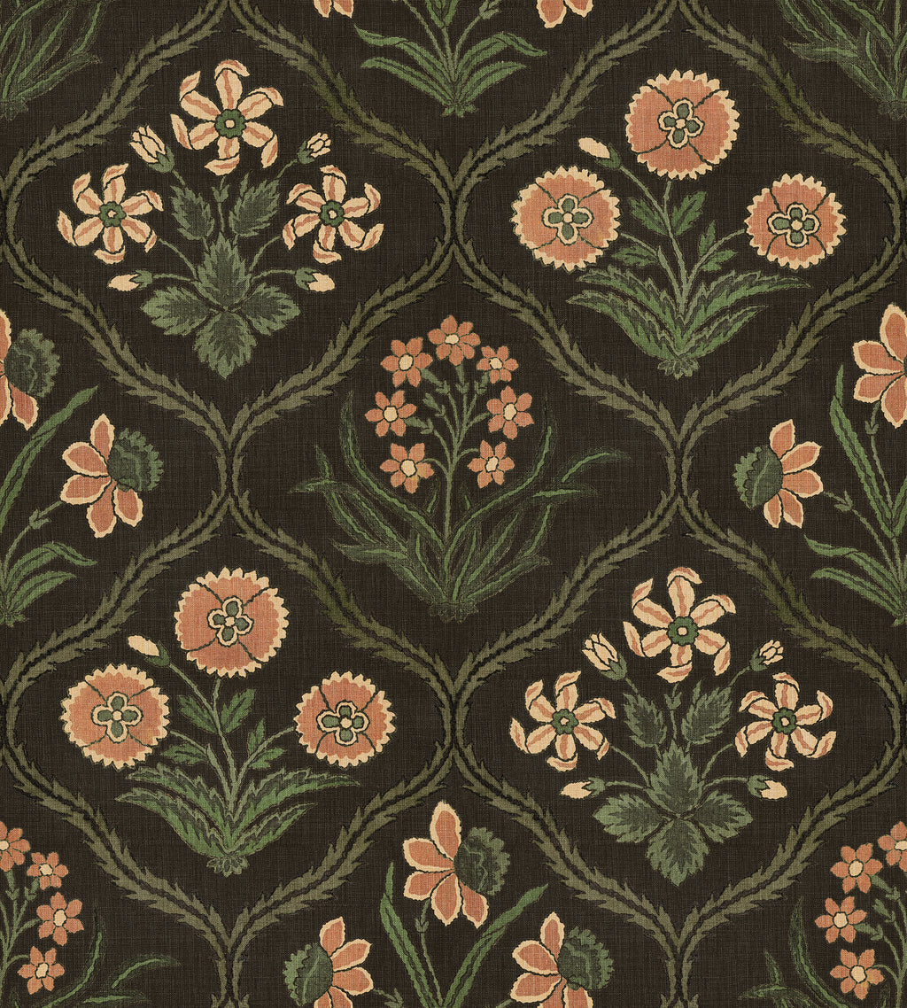 Rosa wallpaper by Sandberg, flat swatch of floral trellis with terracotta and green blooms on a near-black ground