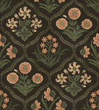 Rosa wallpaper by Sandberg, flat swatch of floral trellis with terracotta and green blooms on a near-black ground