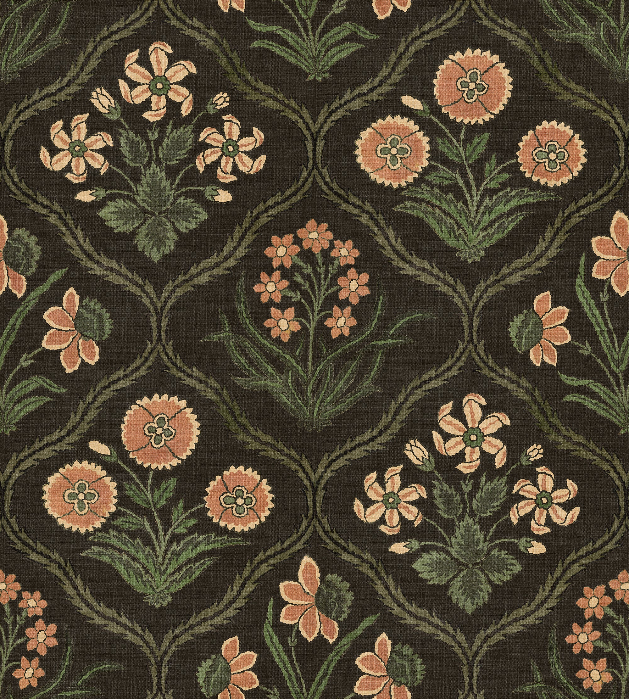 Rosa wallpaper by Sandberg, flat swatch of floral trellis with terracotta and green blooms on a near-black ground