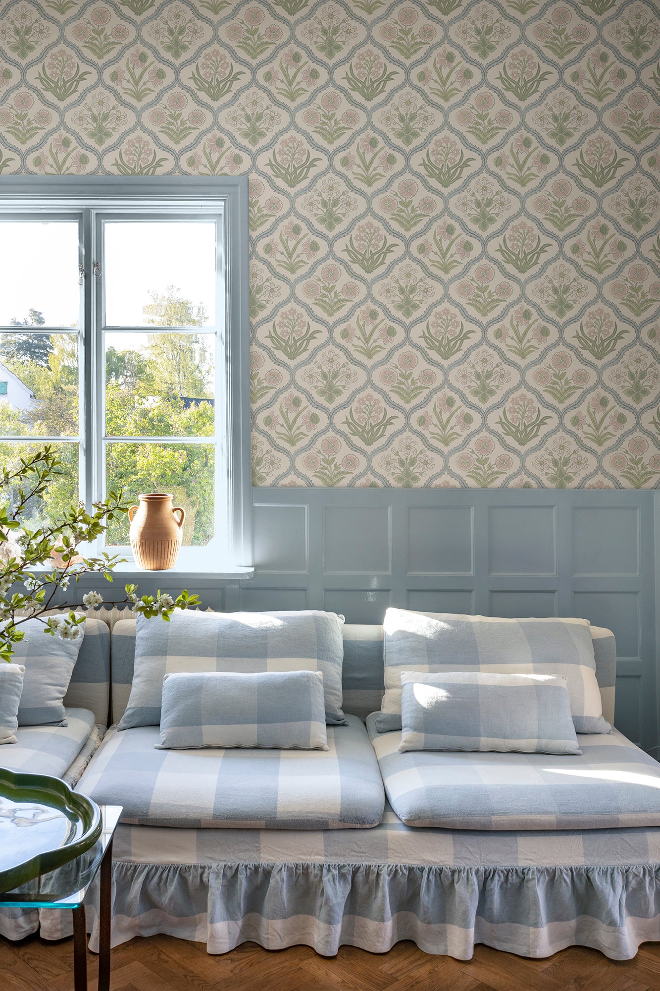 Rosa wallpaper by Sandberg in Pastel, styled on an interior wall