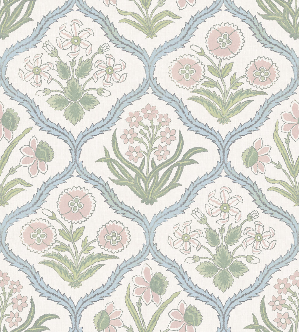 Rosa wallpaper by Sandberg, flat swatch of soft pink and green carnation trellis outlined in pale blue on white