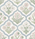 Rosa wallpaper by Sandberg, flat swatch of soft pink and green carnation trellis outlined in pale blue on white