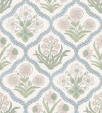 Rosa wallpaper by Sandberg, flat swatch of soft pink and green carnation trellis outlined in pale blue on white