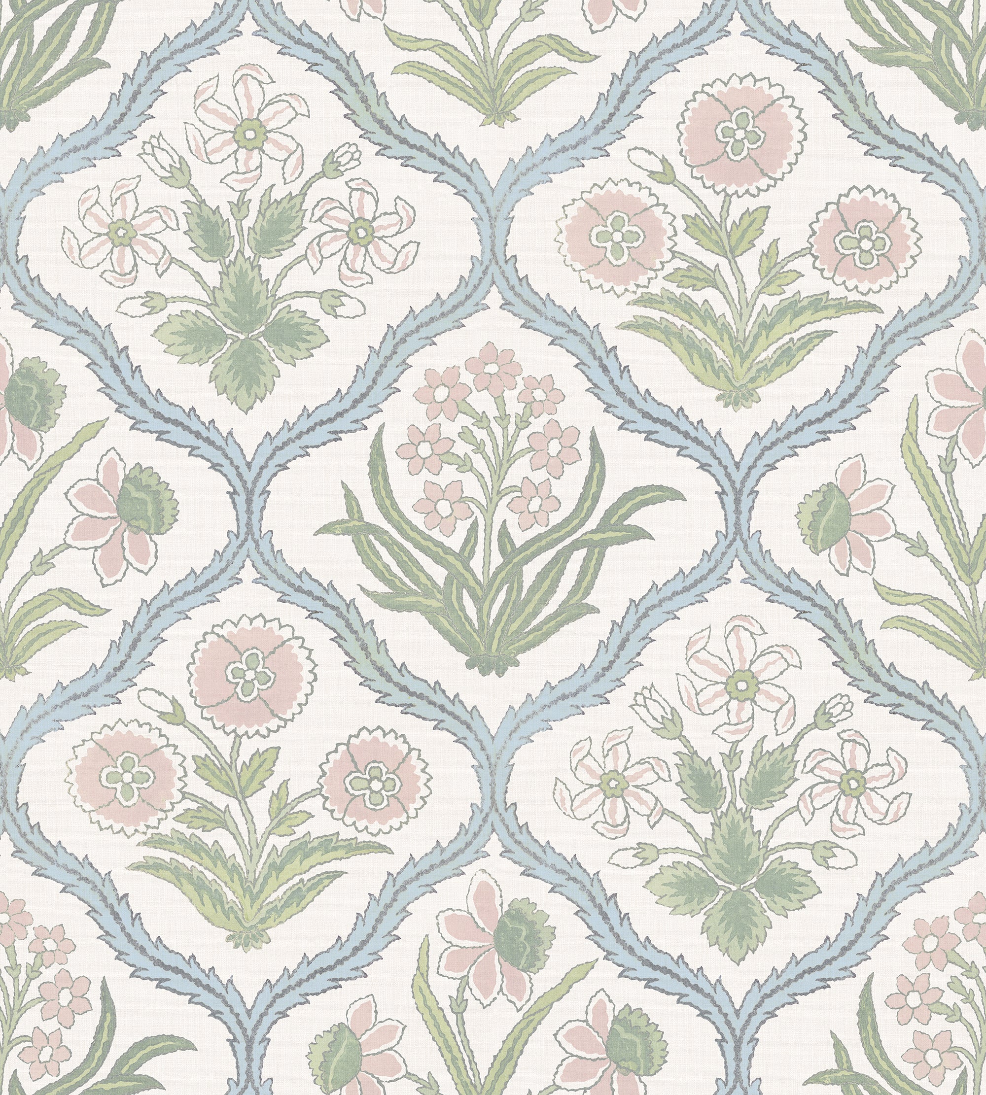 Rosa wallpaper by Sandberg, flat swatch of soft pink and green carnation trellis outlined in pale blue on white