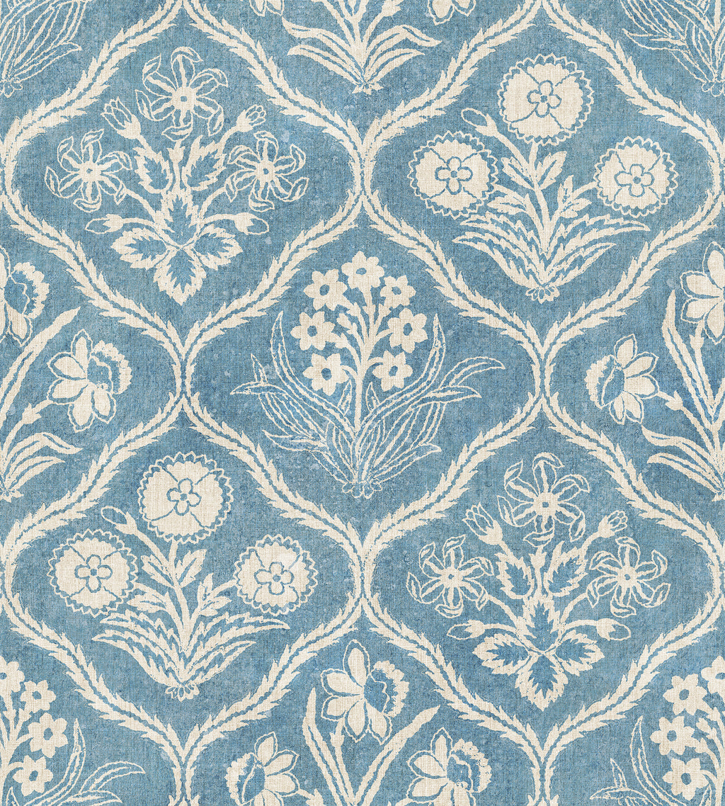 Rosa wallpaper by Sandberg, flat swatch of ogee floral trellis with carnations in white on a faded denim-blue ground