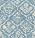 Rosa wallpaper by Sandberg, flat swatch of ogee floral trellis with carnations in white on a faded denim-blue ground