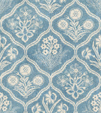 Rosa wallpaper by Sandberg, flat swatch of ogee floral trellis with carnations in white on a faded denim-blue ground