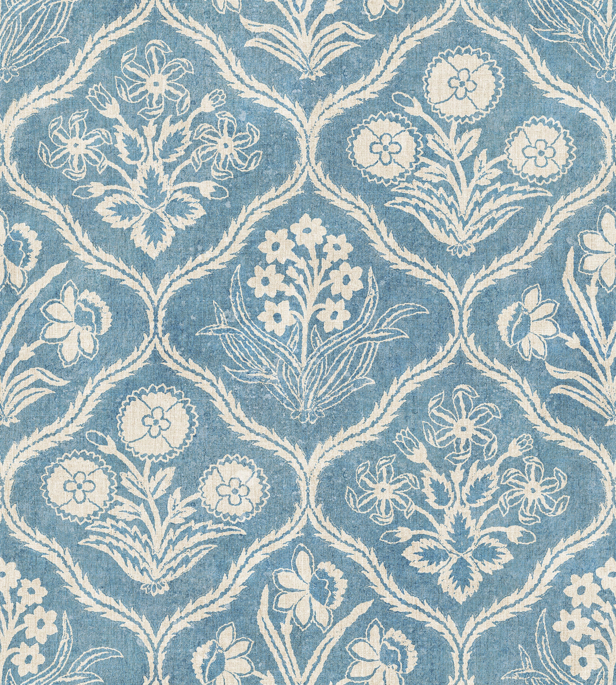 Rosa wallpaper by Sandberg, flat swatch of ogee floral trellis with carnations in white on a faded denim-blue ground