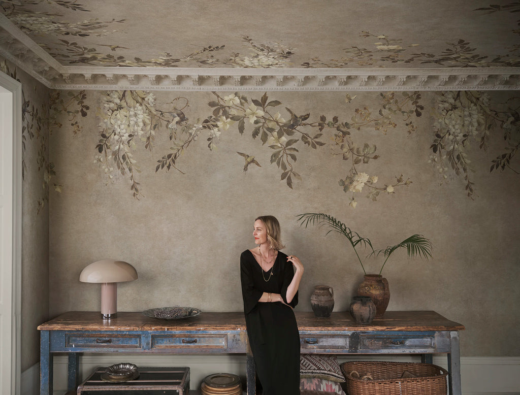 Luca Square wall mural by Sandberg – floral design, Beige – styled in a room setting