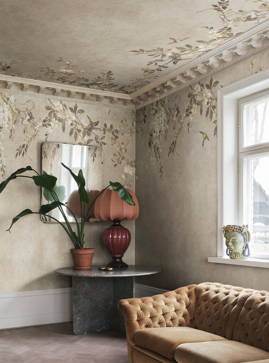 Luca Square wall mural by Sandberg – floral design, Beige – styled in a room setting, view 2