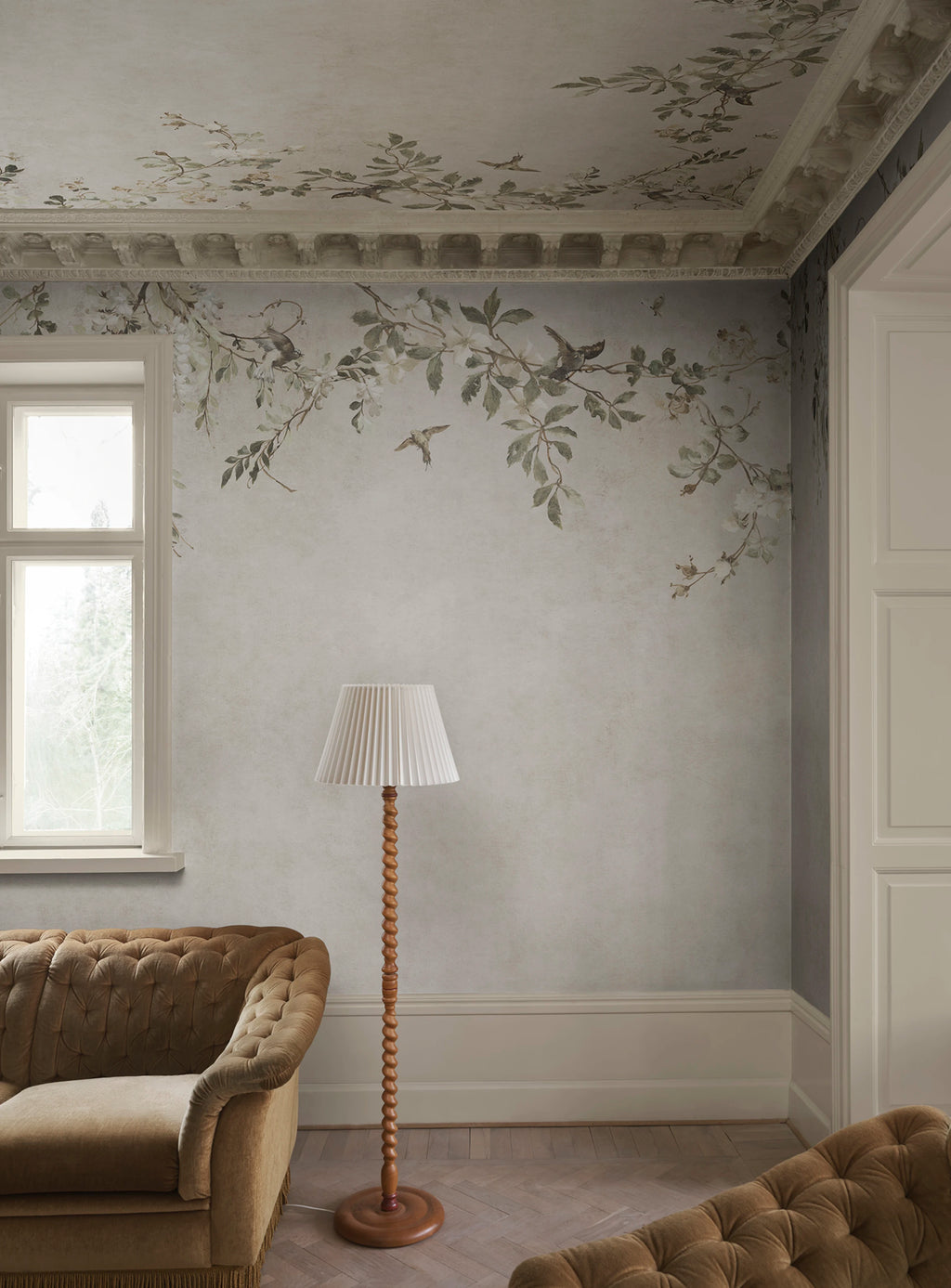 Luca Rectangle wall mural by Sandberg – floral design, Beige – Sand – styled in a room setting, view 6