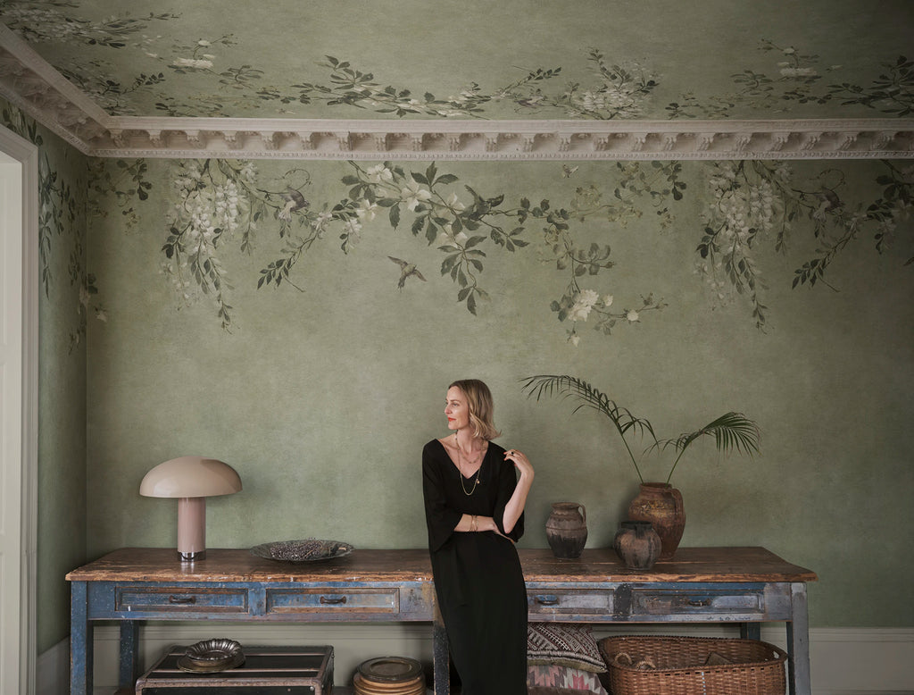 Luca Rectangle wall mural by Sandberg – floral design, Sage Green – styled in a room setting, view 3