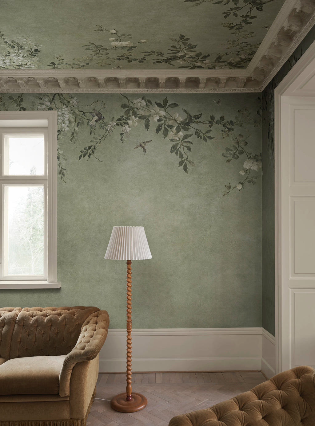 Luca Rectangle wall mural by Sandberg – floral design, Sage Green – styled in a room setting, view 4