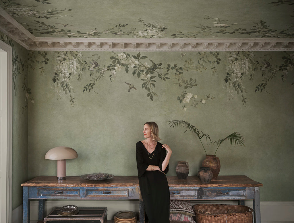 Luca Square wall mural by Sandberg – floral design, Sage Green – styled in a room setting, view 3