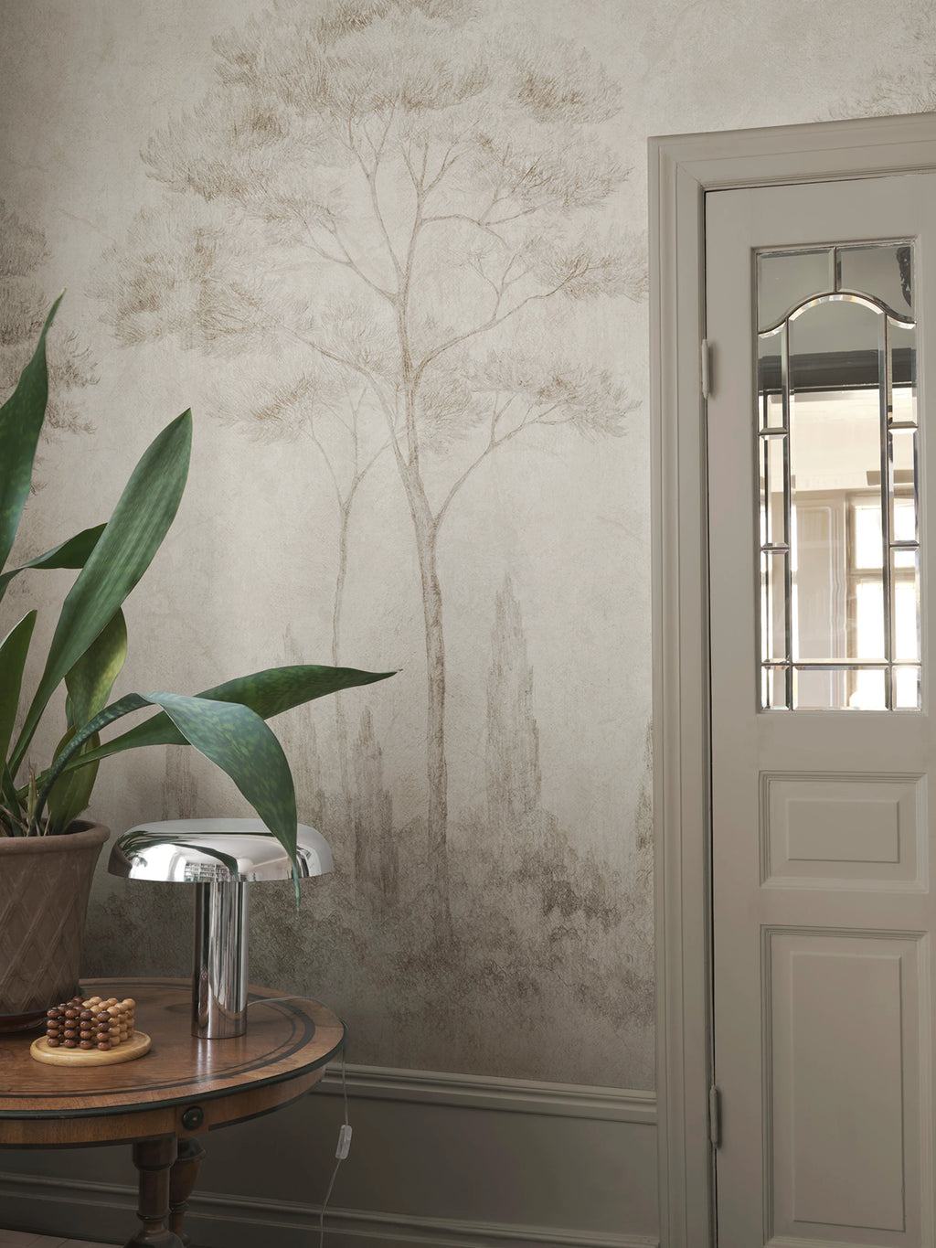 Andrea wall mural by Sandberg – forest & woodland design, Beige – Sand – styled in a room setting, view 7