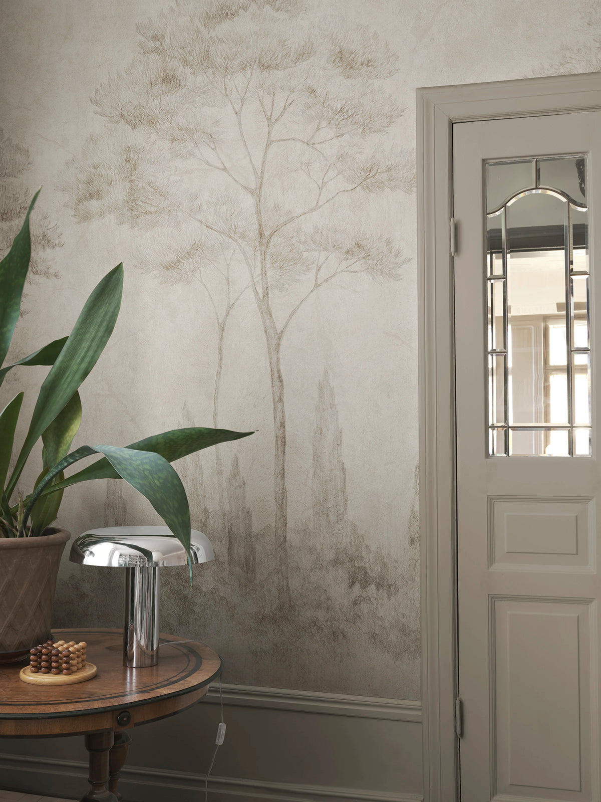 Andrea wall mural by Sandberg – forest & woodland design, Beige – Sand – styled in a room setting, view 7