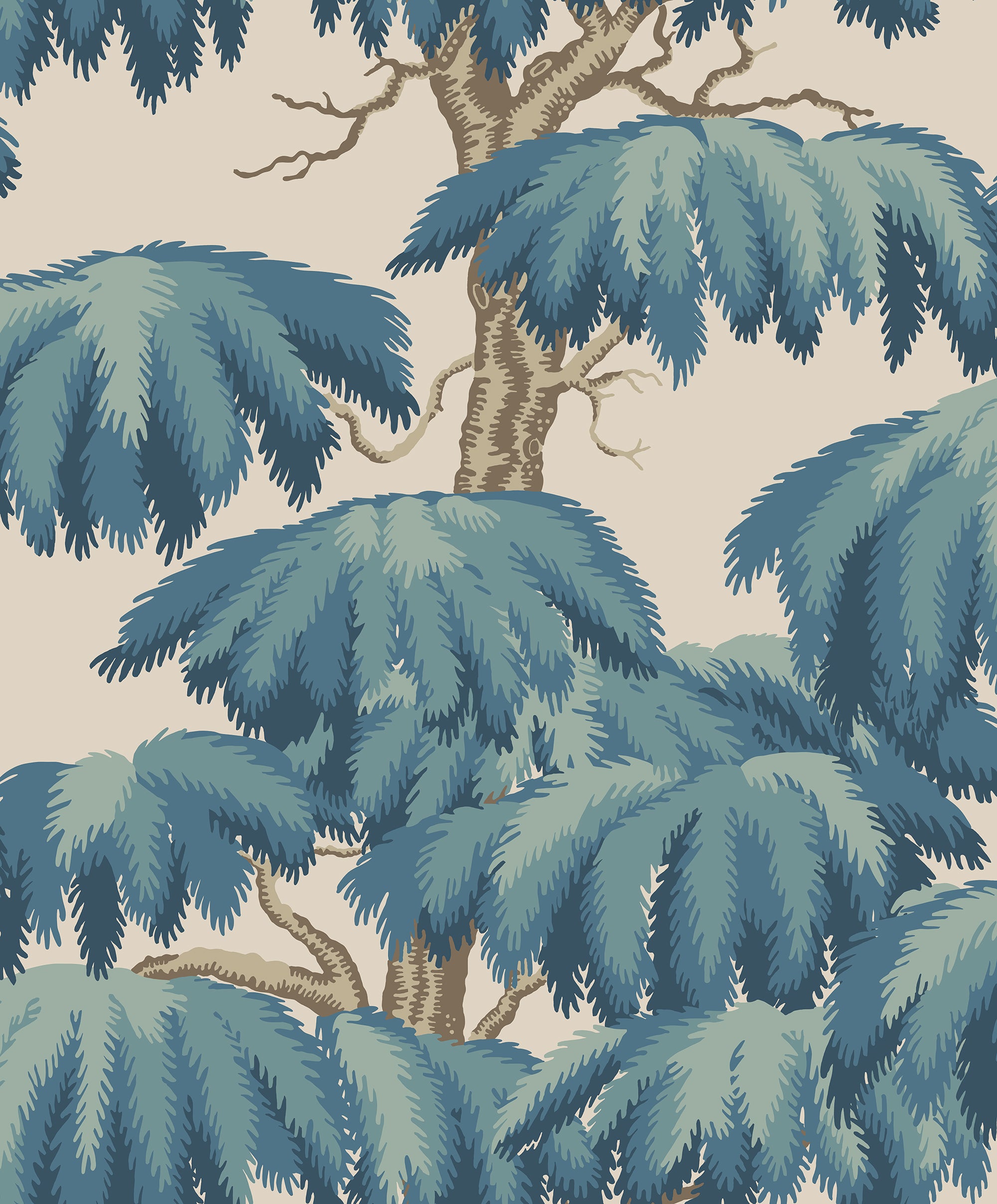 Alba wallpaper by Sandberg, flat swatch of the willow tree design in vivid teal and blue on cream