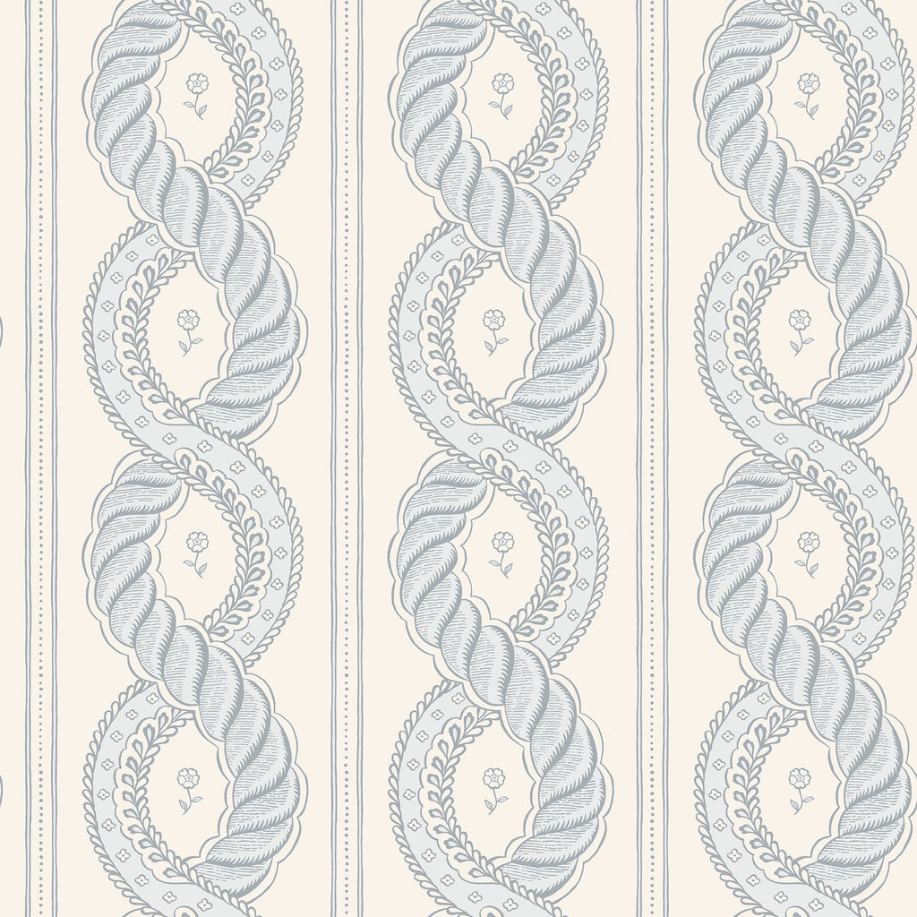 Emilion wallpaper by Sandberg in Blue – looping rope stripe with leaf garlands, misty blue on cream, flat swatch