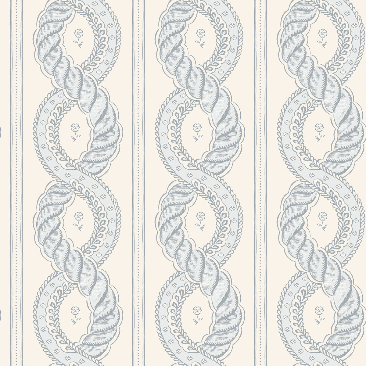 Emilion wallpaper by Sandberg in Blue – looping rope stripe with leaf garlands, misty blue on cream, flat swatch