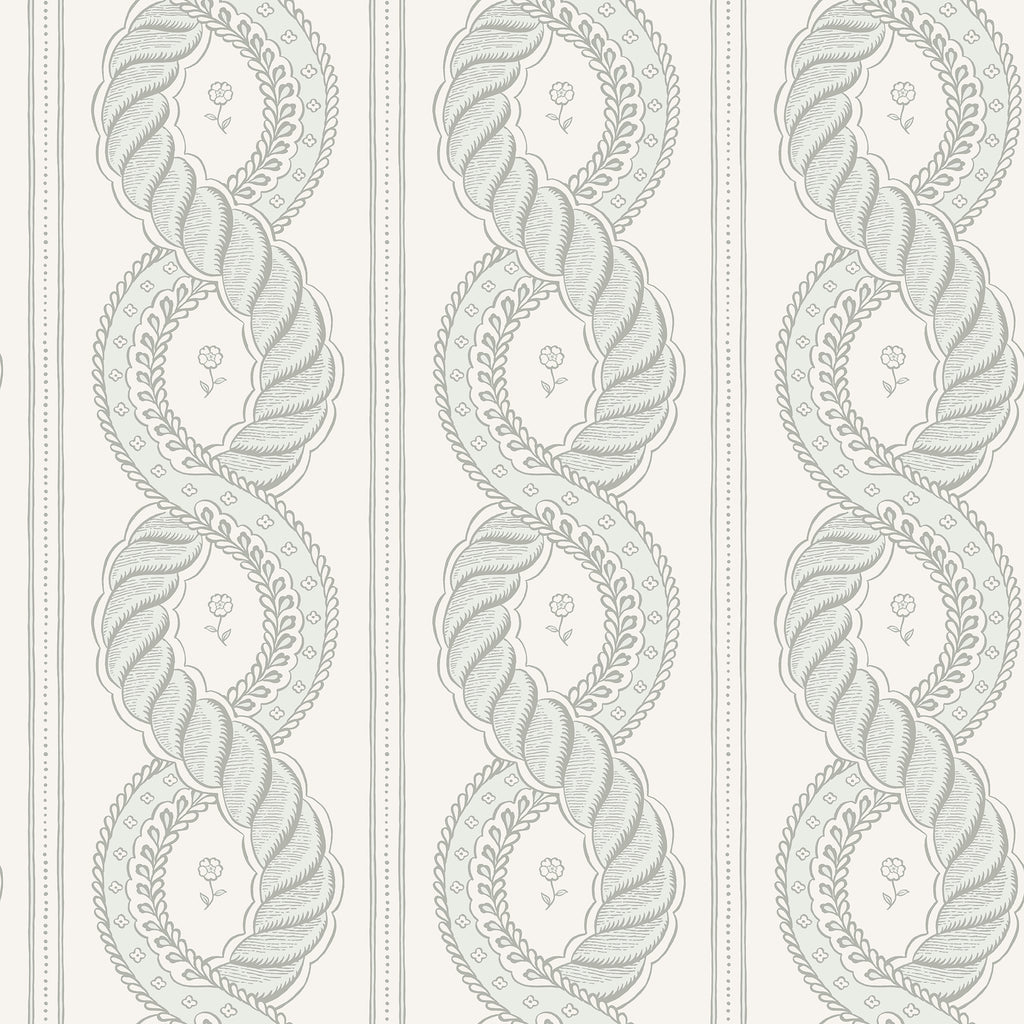 Emilion wallpaper by Sandberg in Green – looping rope stripe with leaf garlands, soft grey-green on cream, flat swatch
