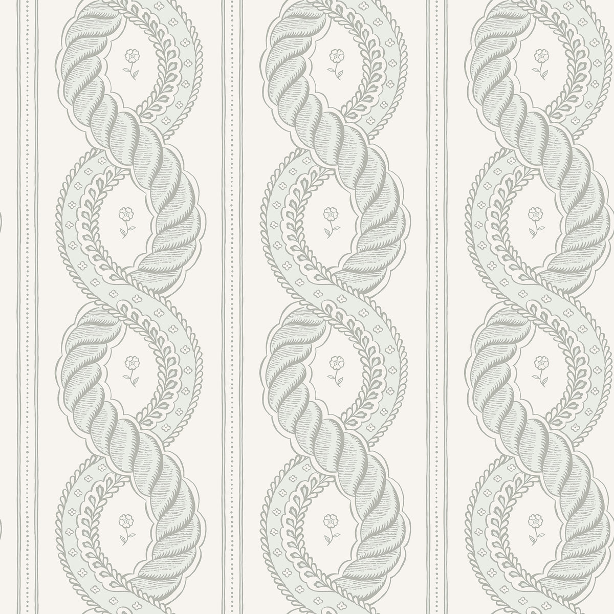 Emilion wallpaper by Sandberg in Green – looping rope stripe with leaf garlands, soft grey-green on cream, flat swatch