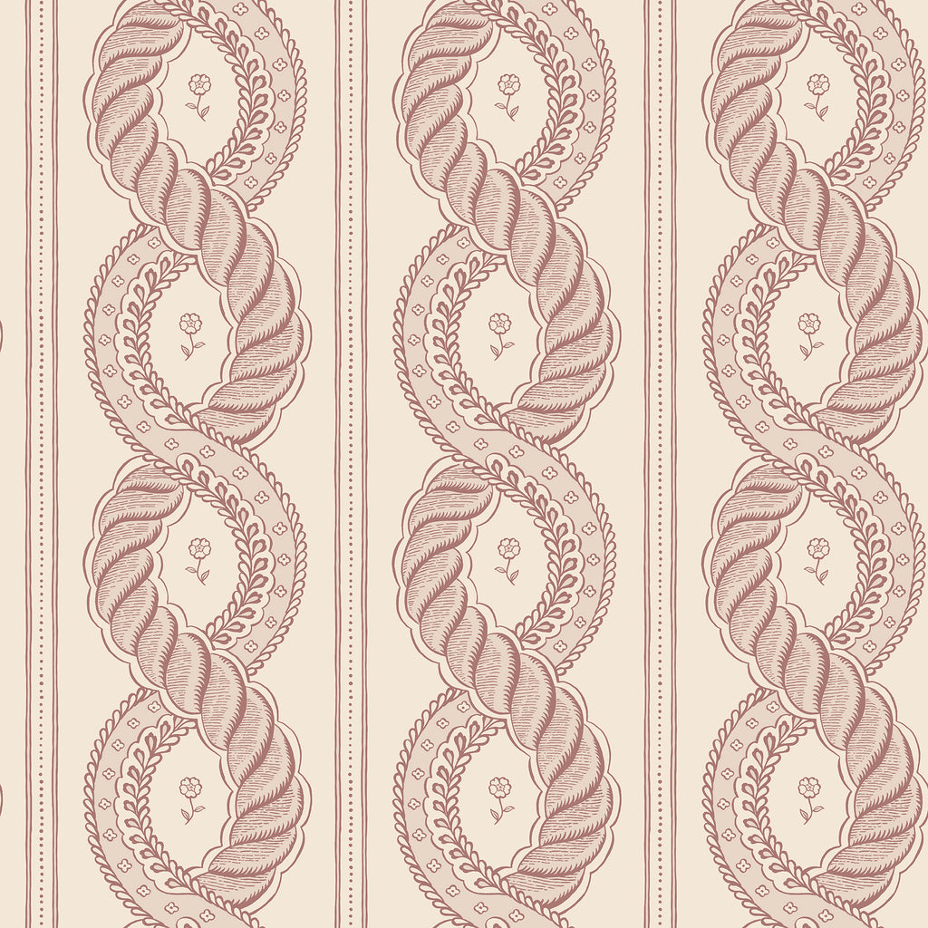 Emilion wallpaper by Sandberg in Red – looping rope stripe with leaf garlands, burgundy on beige, flat swatch