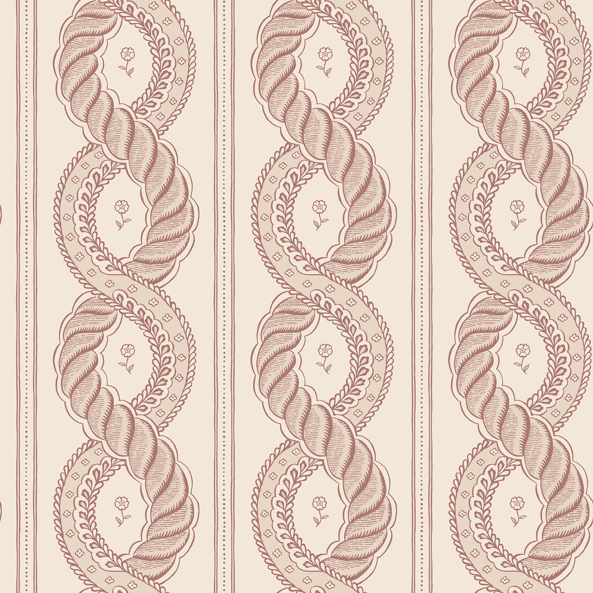 Emilion wallpaper by Sandberg in Red – looping rope stripe with leaf garlands, burgundy on beige, flat swatch