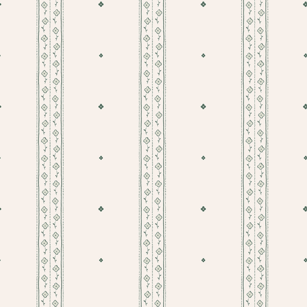 Austine wallpaper by Sandberg in Green – fine floral ticking stripe, deep green on cream, flat swatch