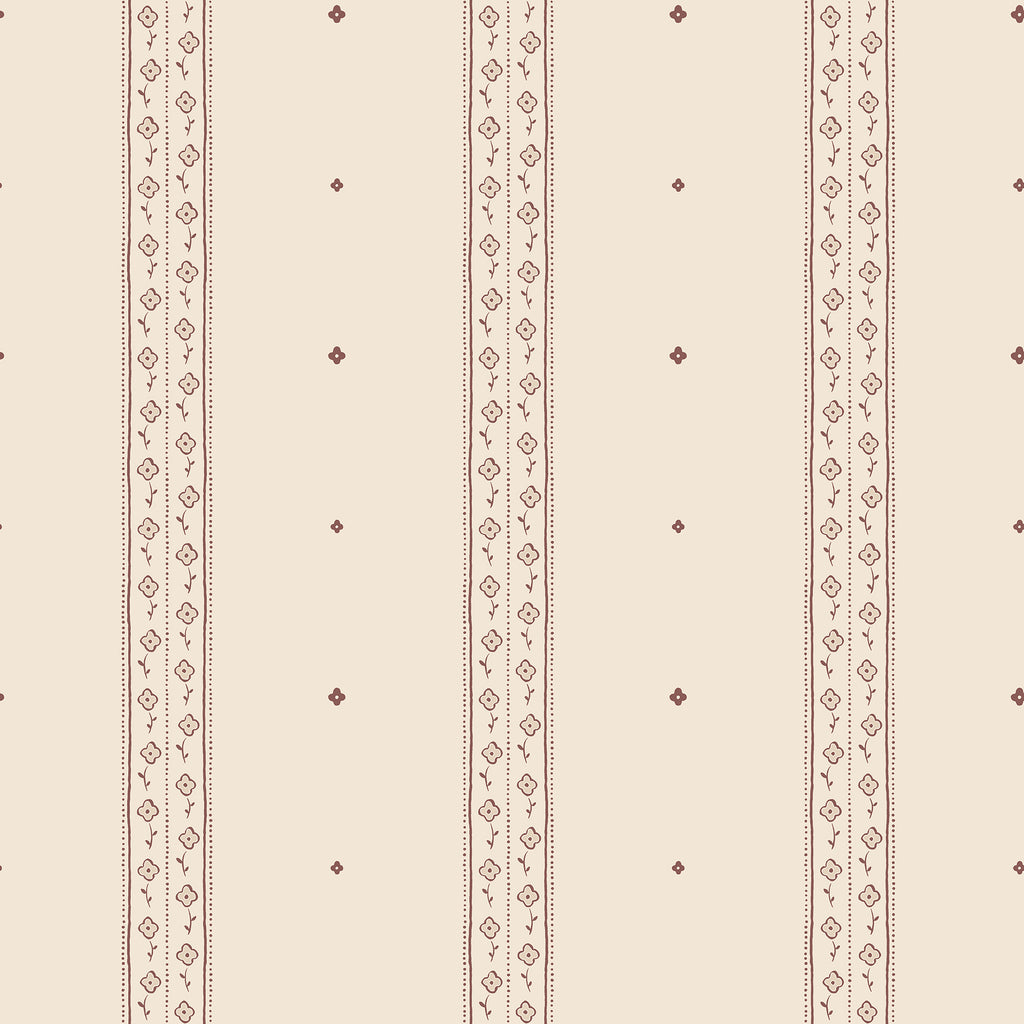 Austine wallpaper by Sandberg in Red – fine floral ticking stripe, burgundy on warm beige, flat swatch