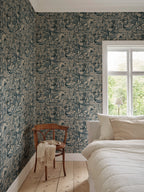 Baccus wallpaper by Sandberg – monochrome design, Blue – styled in a room setting, view 2