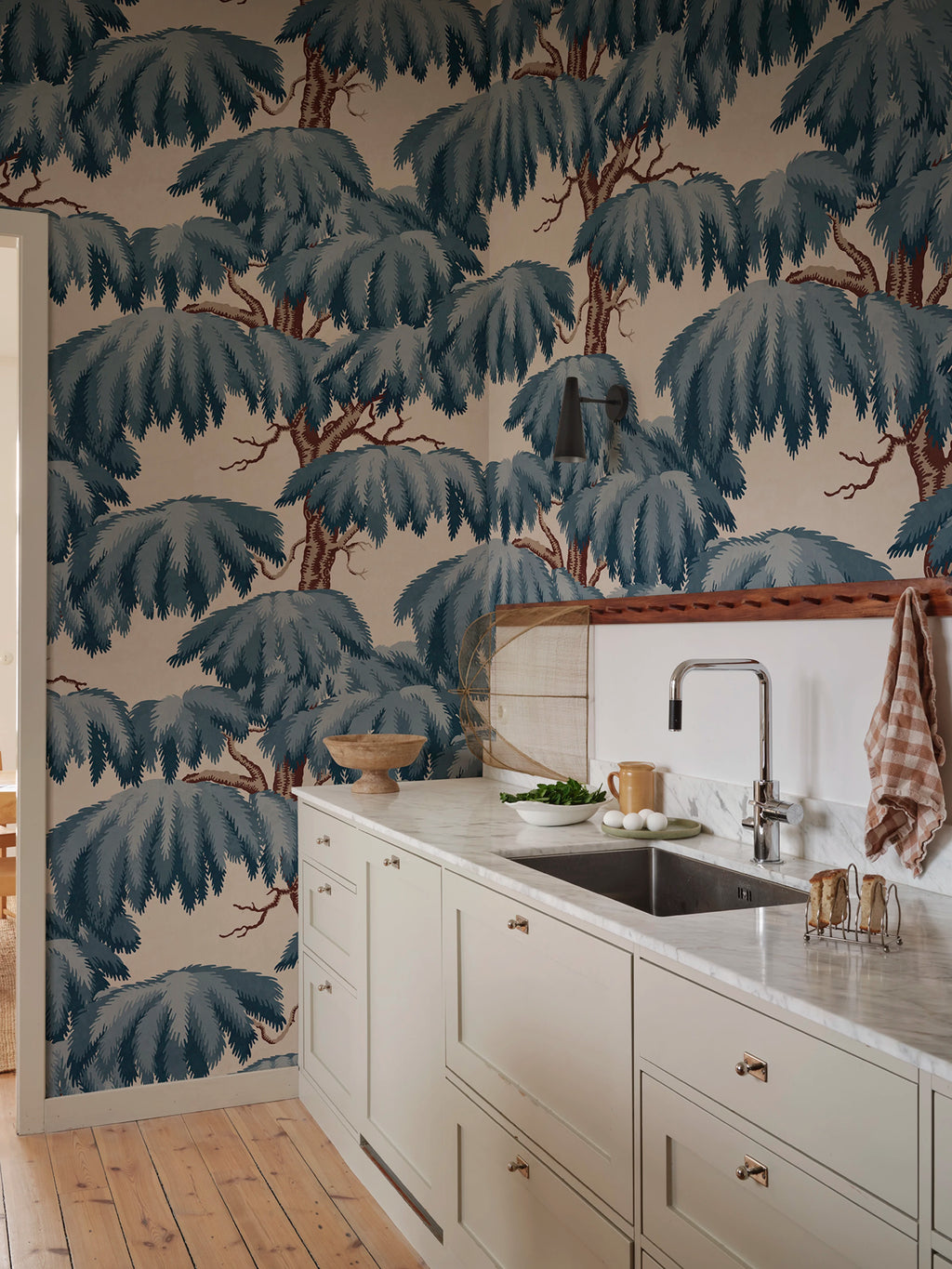 Alba Mural wall mural by Sandberg – forest & woodland design, Blue – styled in a room setting, view 4