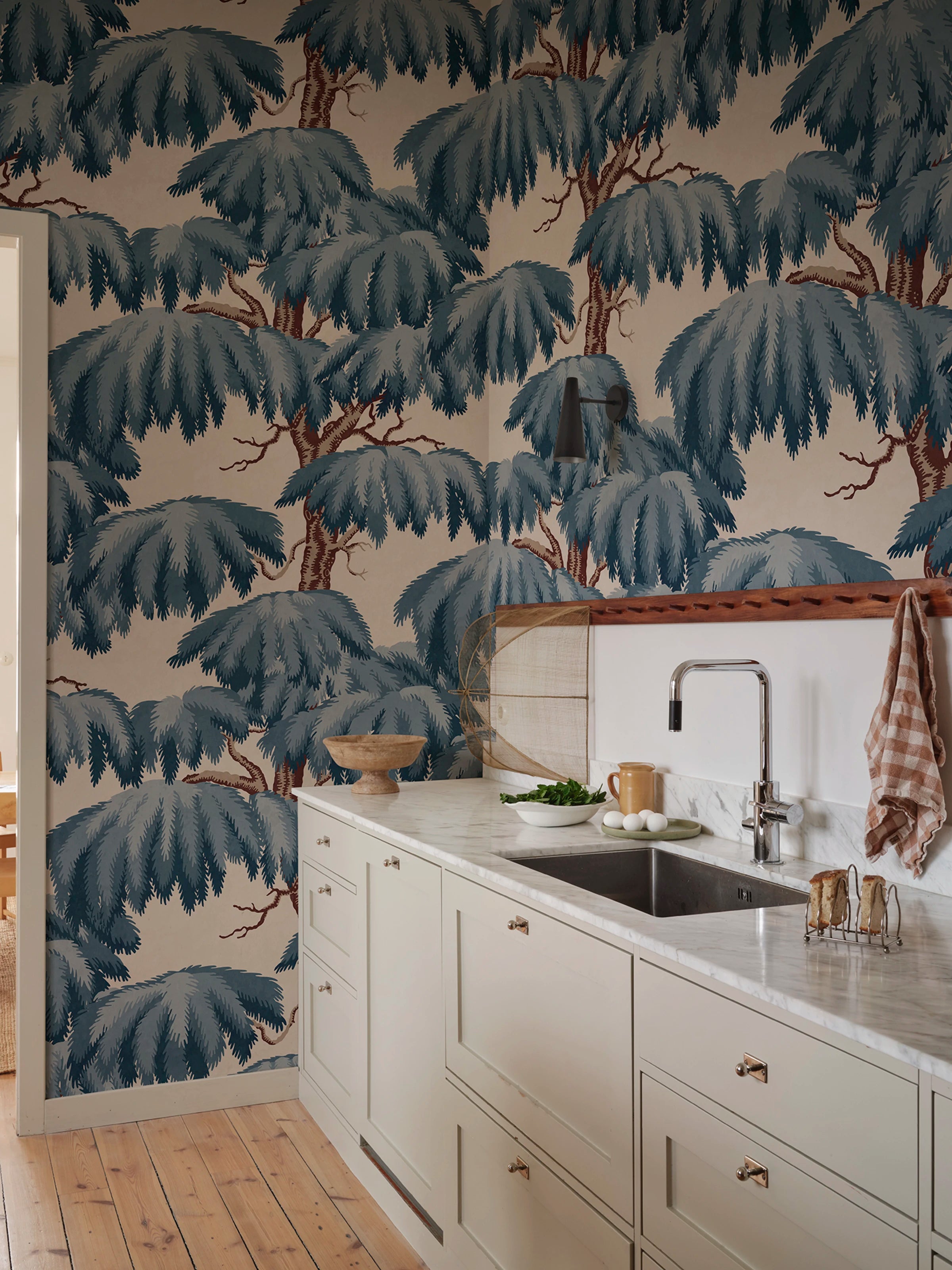 Alba Mural wall mural by Sandberg – forest & woodland design, Blue – styled in a room setting, view 4