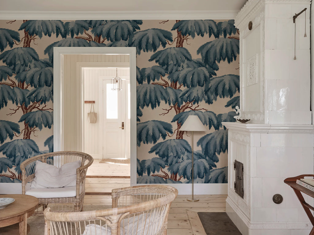 Alba Mural wall mural by Sandberg – forest & woodland design, Blue – styled in a room setting, view 5