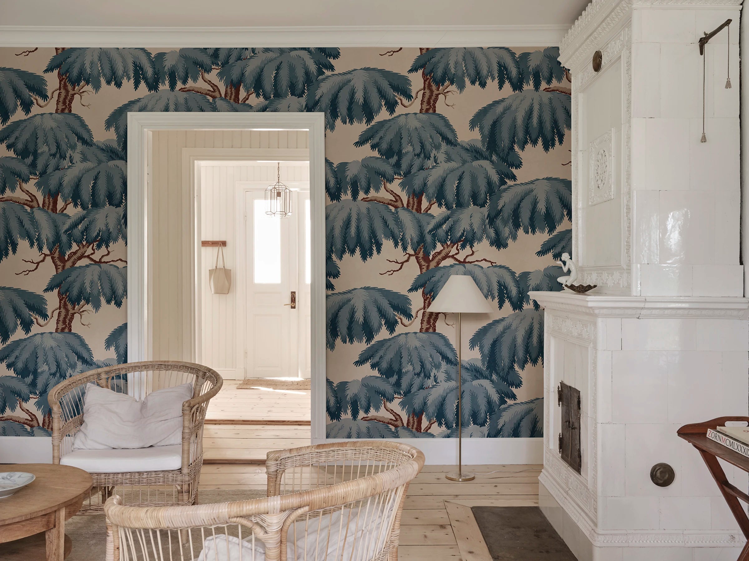 Alba Mural wall mural by Sandberg – forest & woodland design, Blue – styled in a room setting, view 5