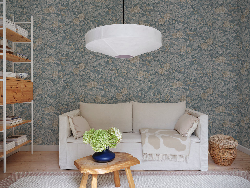 Tyra wallpaper by Sandberg in Misty Blue, styled in a room, view 2
