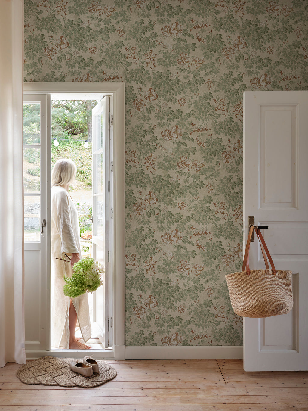 Tyra wallpaper by Sandberg in Garden Green, styled in a room, view 2