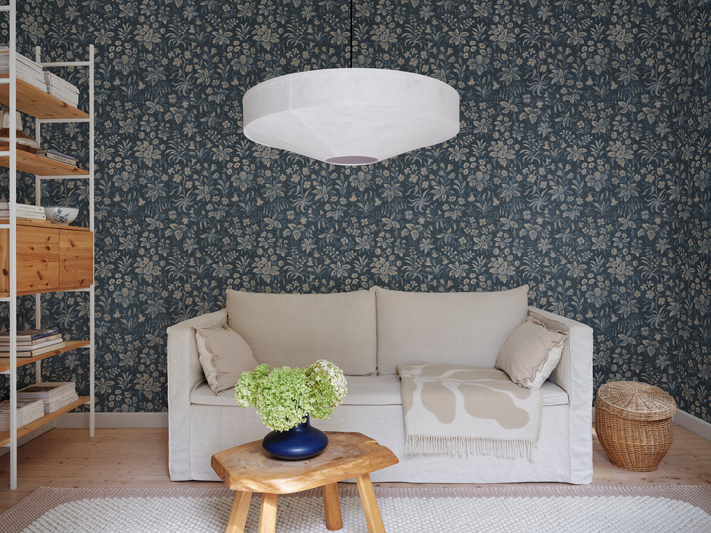 Ania wallpaper by Sandberg in Midnight Blue, styled in a room, view 2