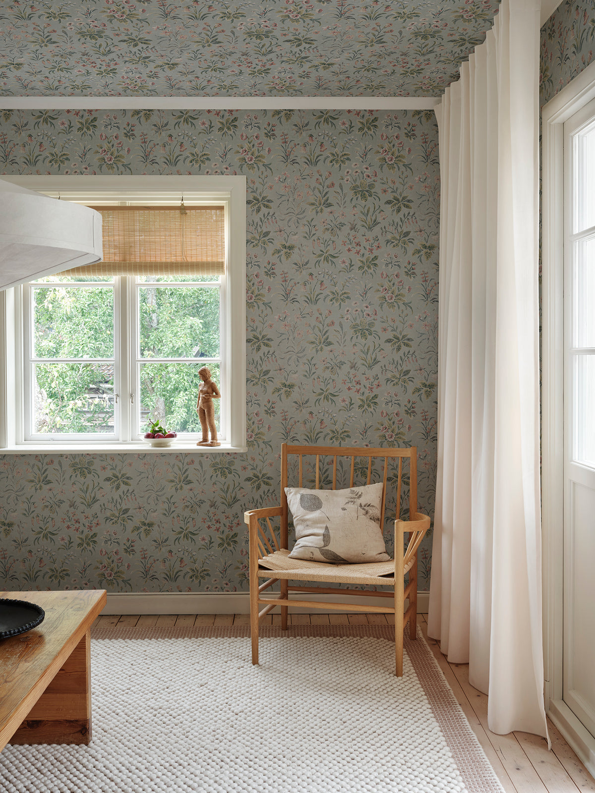 Ania wallpaper by Sandberg in Misty Blue, styled in a room, view 2