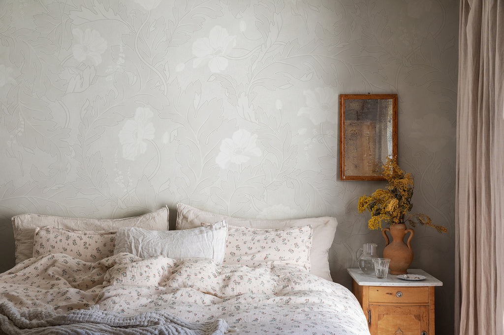 Poppy wallpaper by Sandberg in White, styled on an interior wall