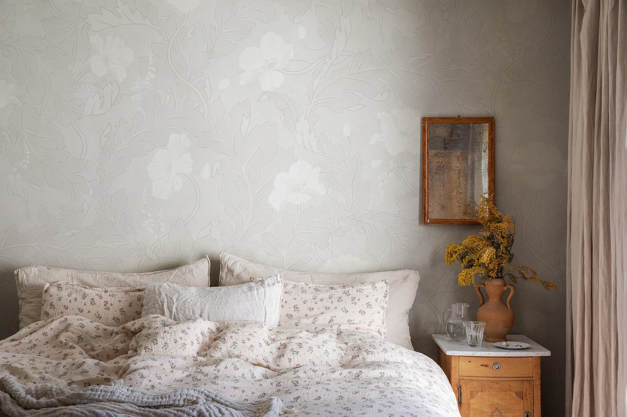 Poppy wallpaper by Sandberg in White, styled on an interior wall