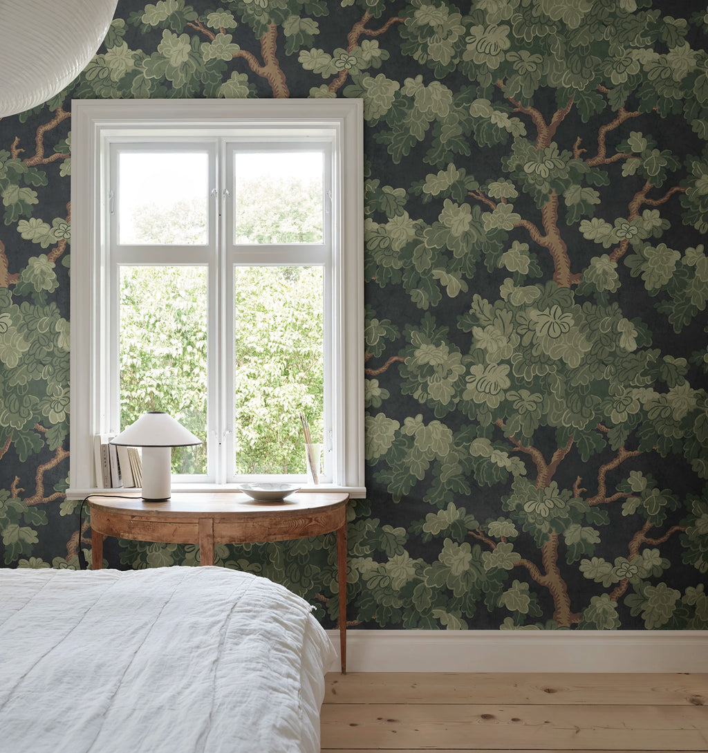 Eken Mural wall mural by Sandberg – forest & woodland design, Grey – Charcoal – styled in a room setting, view 3