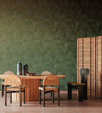 Mauna wallpaper by Arte in Green in a dining room with a round timber table