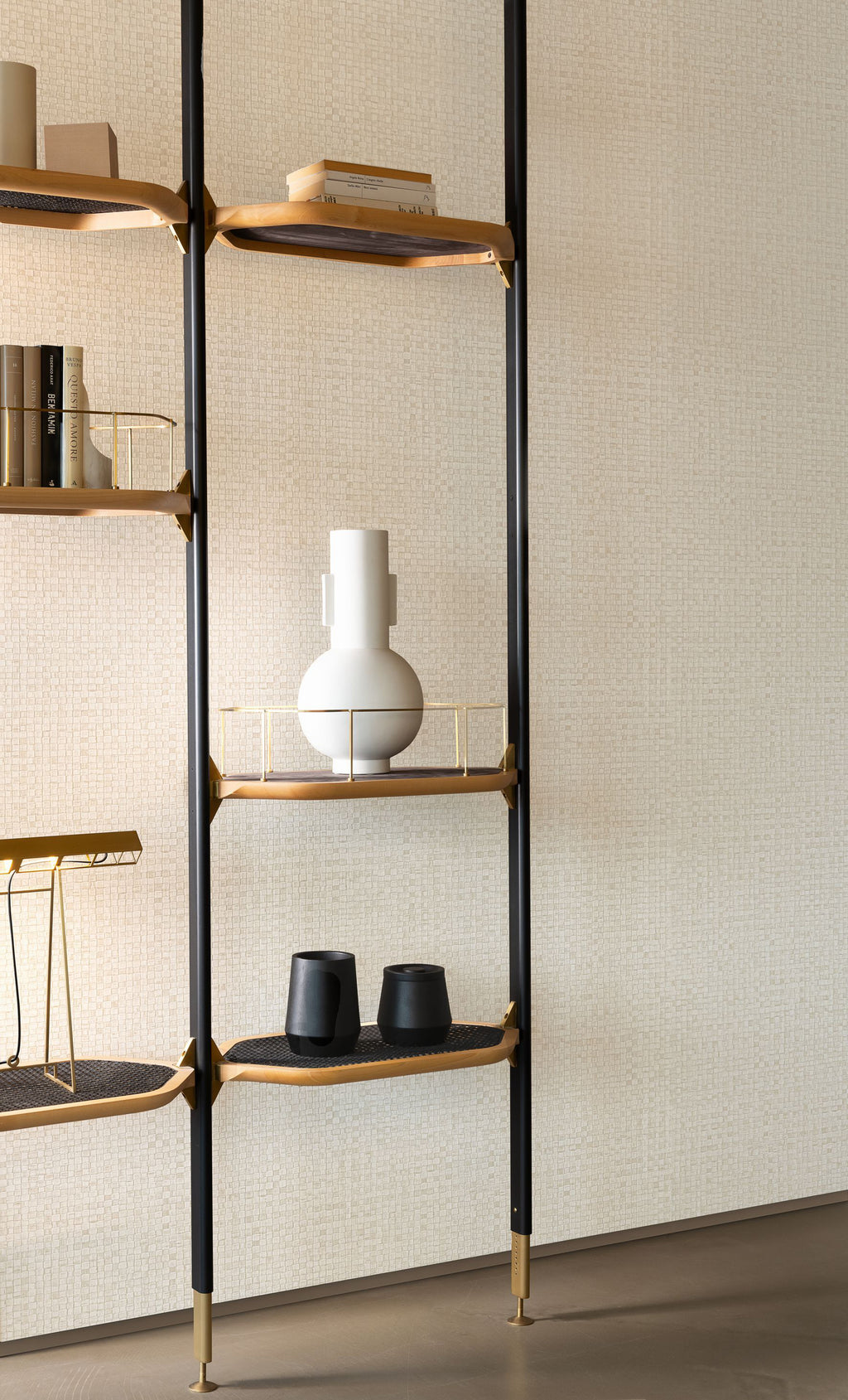 Puna wallpaper by Arte in Cream behind open shelving with vases
